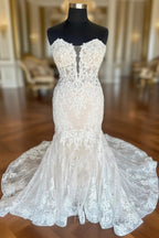 Ivory Strapless Floral Lace Trumpet Long Bridal Gown Wedding Dress
