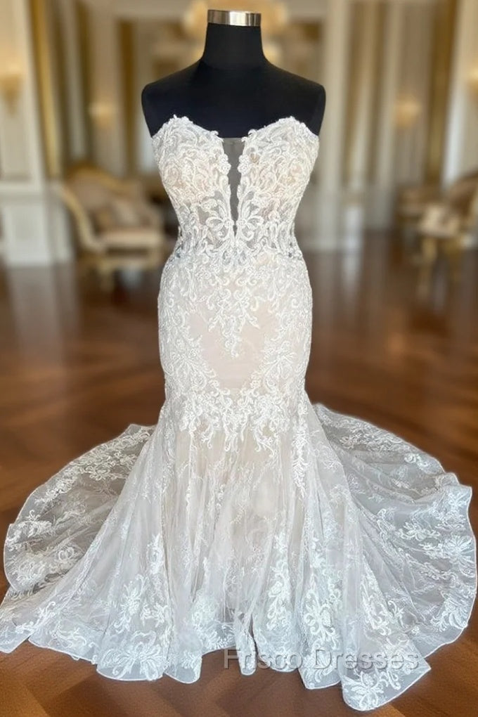 Ivory Strapless Floral Lace Trumpet Long Bridal Gown Wedding Dress