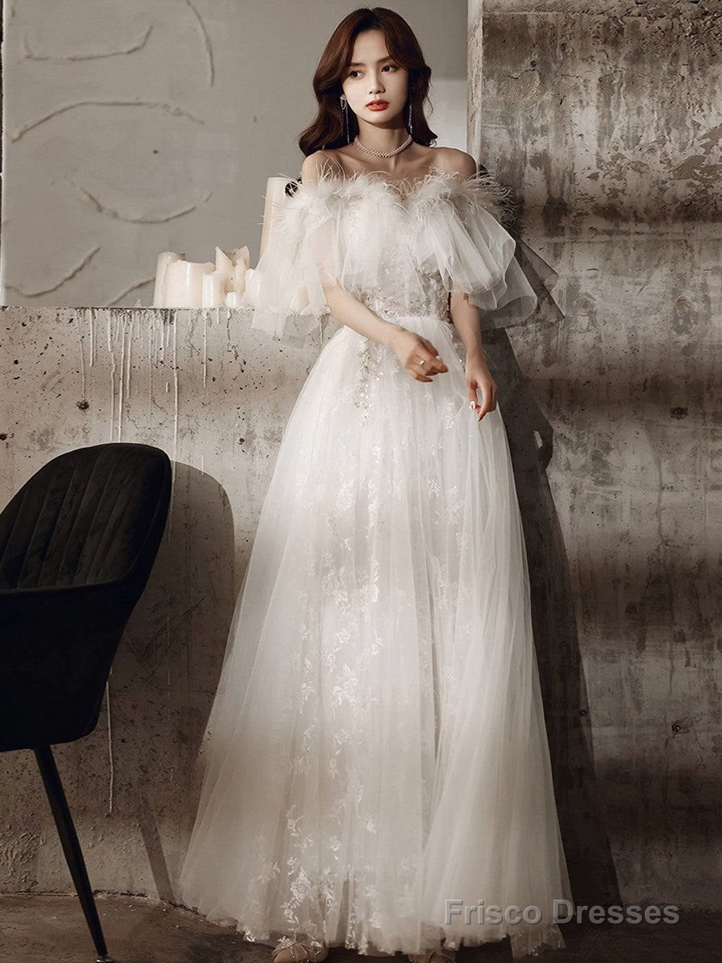 Ivory Sweetheart Neck Tulle Lace Long Prom Dress, Tulle Formal Party Dress