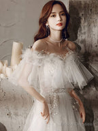 Ivory Sweetheart Neck Tulle Lace Long Prom Dress, Tulle Formal Party Dress