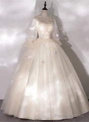 Ivory Tulle Ball Gown Long Sweet 16 Dress, Ivory Long Sleeves Party Dress Prom Dress