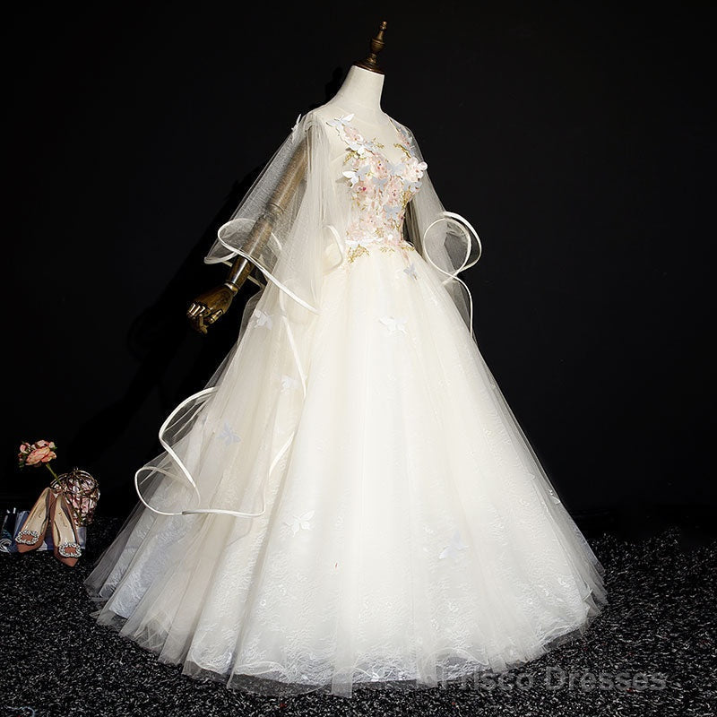 Ivory Tulle Ball Gown Sweet 16 Dresses With Lace, Glam Long Evening Gown Formal Dresses