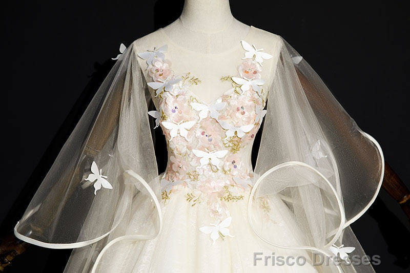 Ivory Tulle Ball Gown Sweet 16 Dresses With Lace, Glam Long Evening Gown Formal Dresses