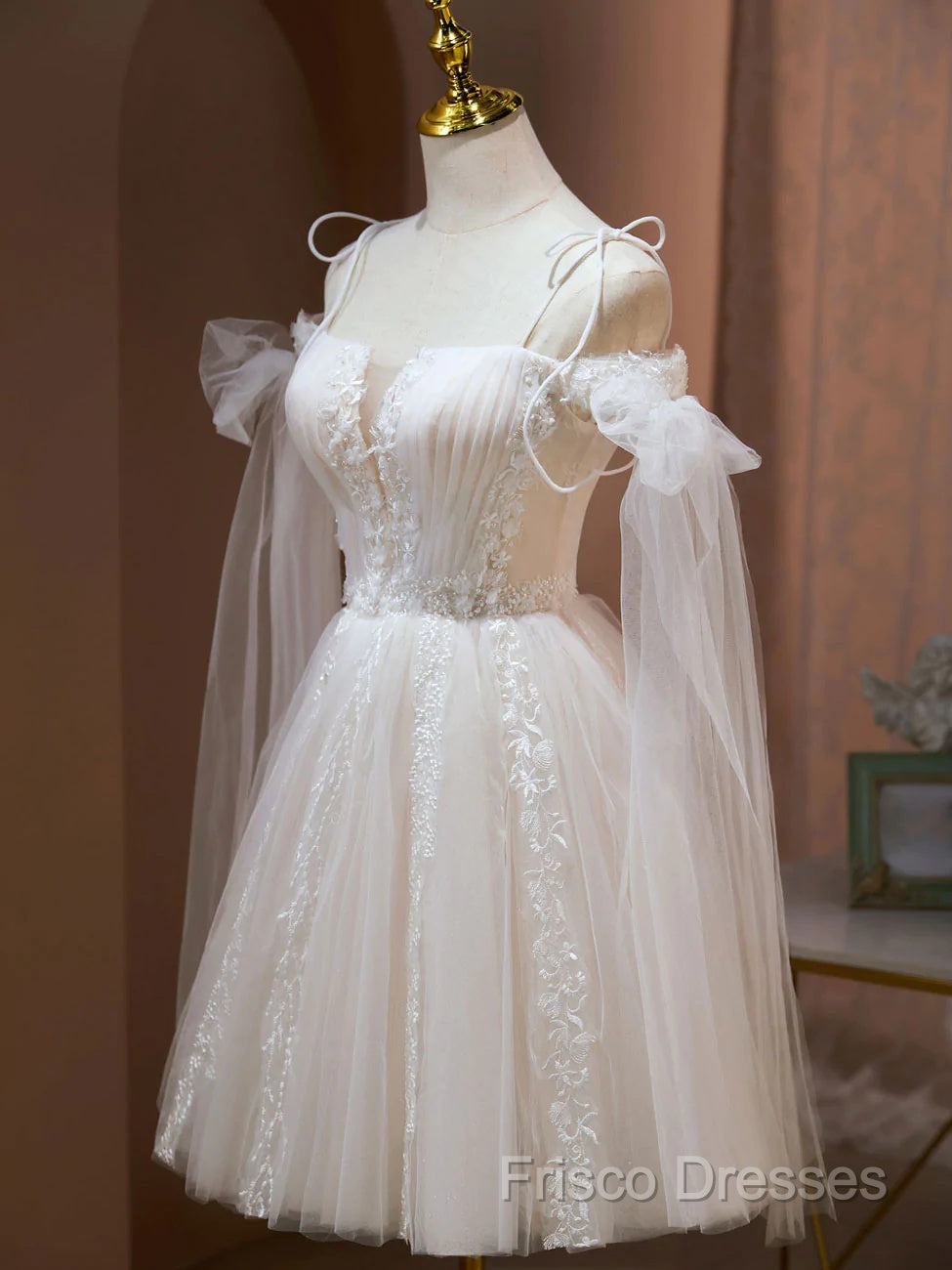 Ivory Tulle Knee Length With Lace Short Formal Prom Dress, Cute Ivory Party Dress