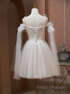 Ivory Tulle Knee Length With Lace Short Formal Prom Dress, Cute Ivory Party Dress