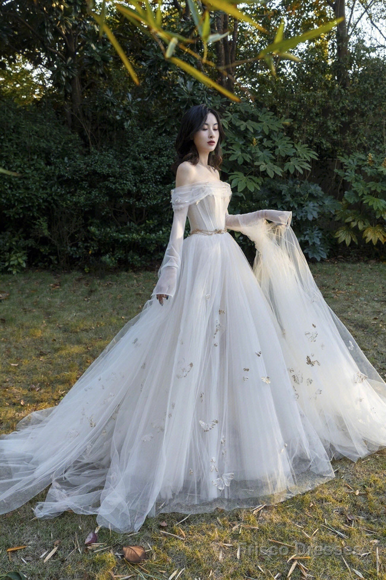 Ivory Tulle Long Sleeve Prom Dress, A-Line Evening Dress With Butterfly Secondary image