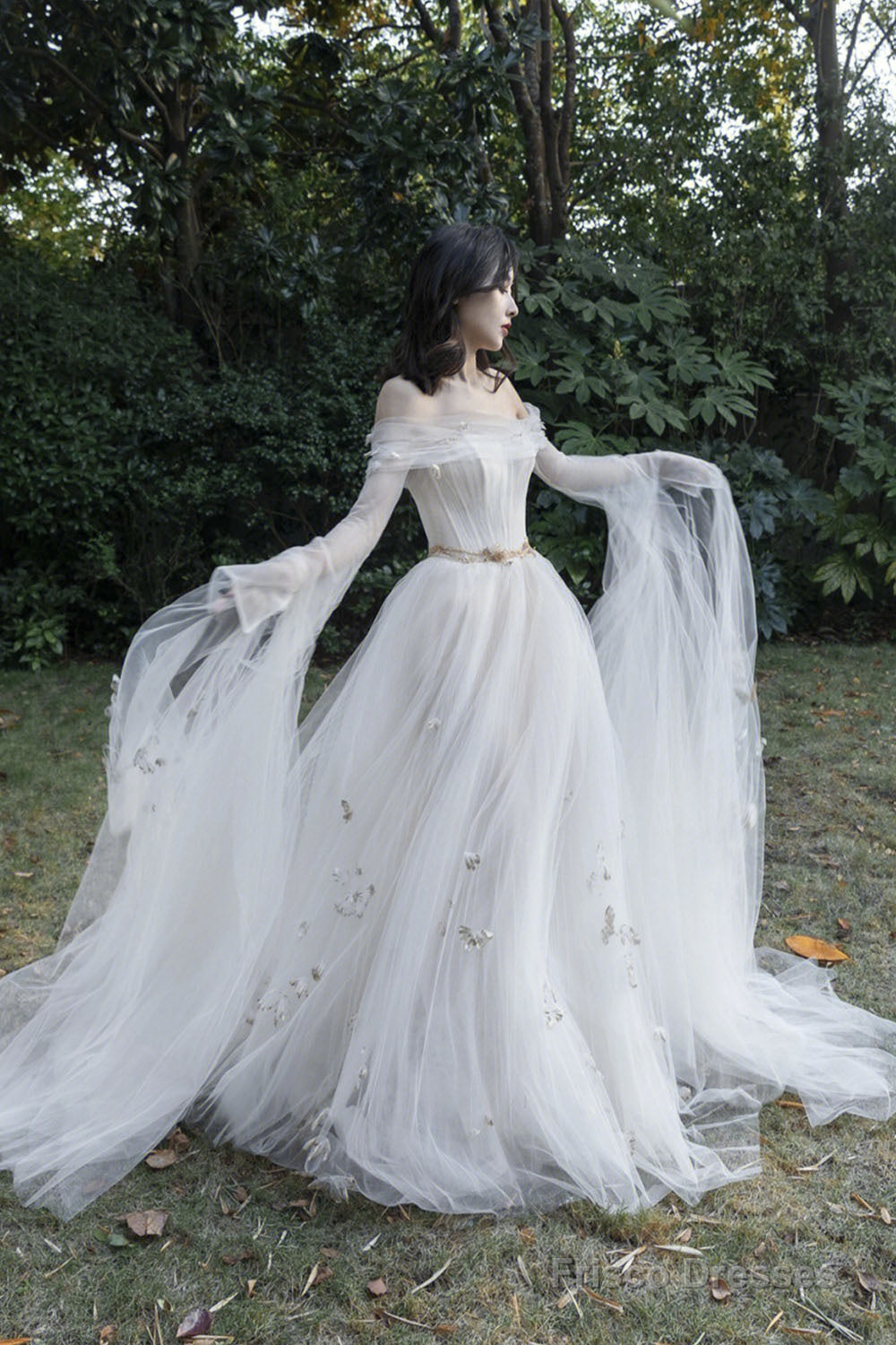 Ivory Tulle Long Sleeve Prom Dress, A-Line Evening Dress With Butterfly Main image