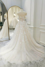 Ivory Tulle Off the Shoulder Appliques Wedding Dress