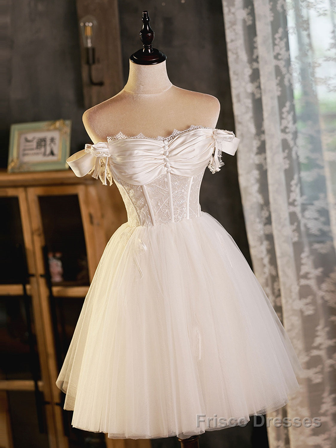 Ivory Tulle Sweetheart with Lace Short Prom Dress, Ivory Homecoming Dress Secondary image