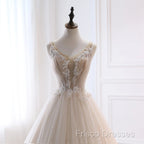 Ivory Tulle With Lace Long Wedding Party Dress With Sweep Train, Ivory Formal Dress