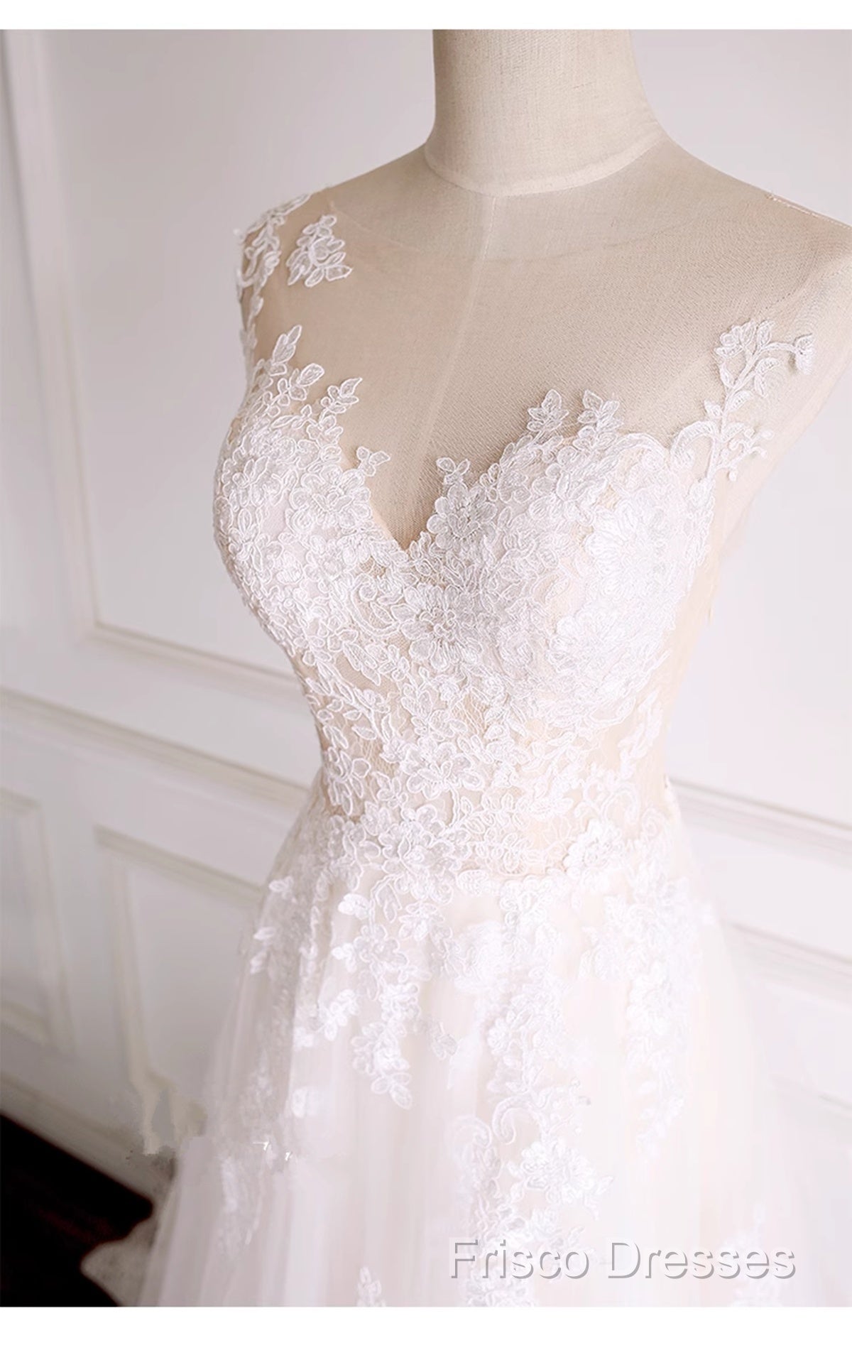 Ivory Tulle With Lace Round Neckline Long Wedding Party Dress, Ivory Tulle Formal Prom Dress Secondary image