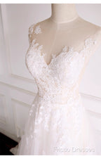 Ivory Tulle With Lace Round Neckline Long Wedding Party Dress, Ivory Tulle Formal Prom Dress