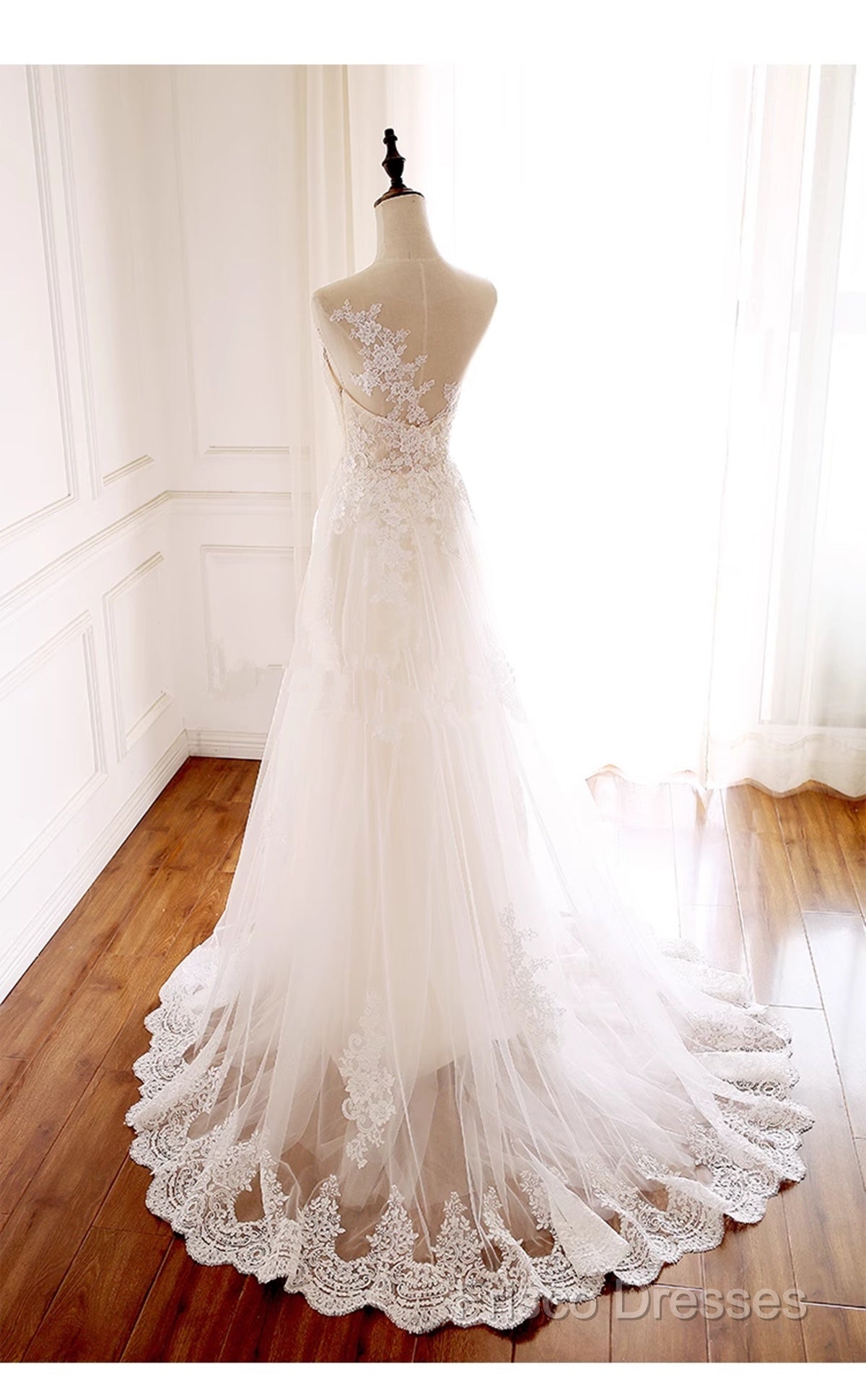 Ivory Tulle With Lace Round Neckline Long Wedding Party Dress, Ivory Tulle Formal Prom Dress