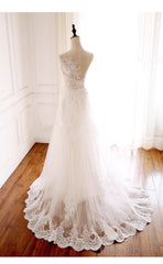 Ivory Tulle With Lace Round Neckline Long Wedding Party Dress, Ivory Tulle Prom Dress
