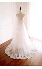 Ivory Tulle With Lace Round Neckline Long Wedding Party Dress, Ivory Tulle Formal Prom Dress