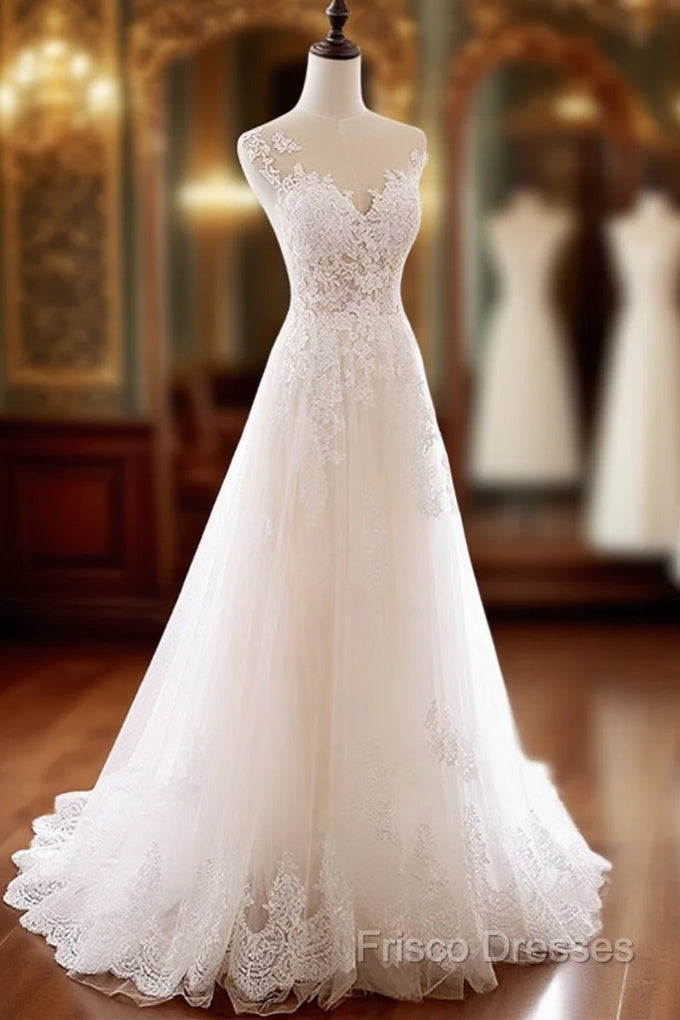 Ivory Tulle With Lace Round Neckline Long Wedding Party Dress, Ivory Tulle Formal Prom Dress Main image
