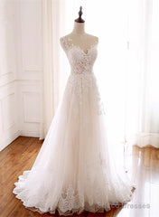 Ivory Tulle With Lace Round Neckline Long Wedding Party Dress, Ivory Tulle Prom Dress