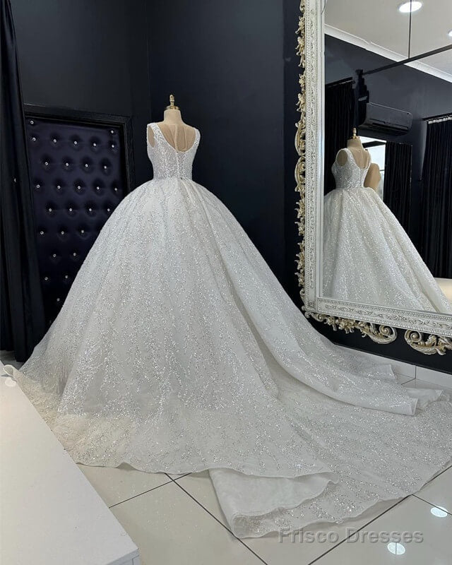 Ivory V-Neck Sparkly Wedding Ball Gown Dress