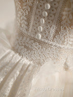 Ivory V Neck Tulle Lace Short Formal Prom Dress Lace Cocktail Dress