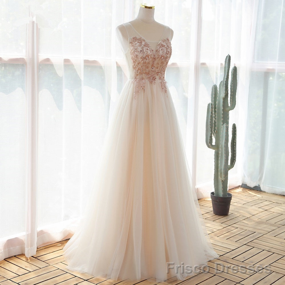 Ivory V-neckline Floor Length Tulle Prom Dress, Beaded Formal Dress Evening Dress Main image