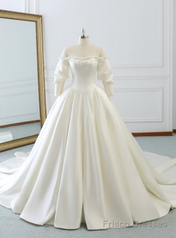 Ivory White Ball Gown Satin Off The Shoulder Puff Sleeve Wedding Dress Main image