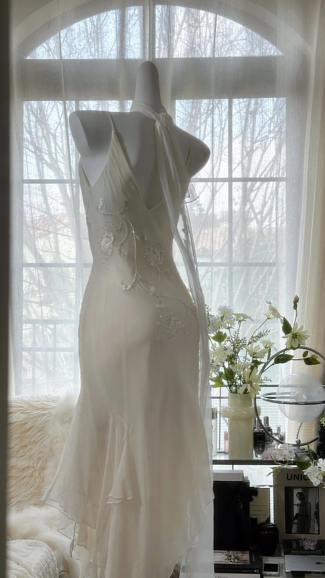 Ivory White Elegant Fashion Exquisite Floral Beading Long Chiffon Ball Gown Evening Dress Party Dress