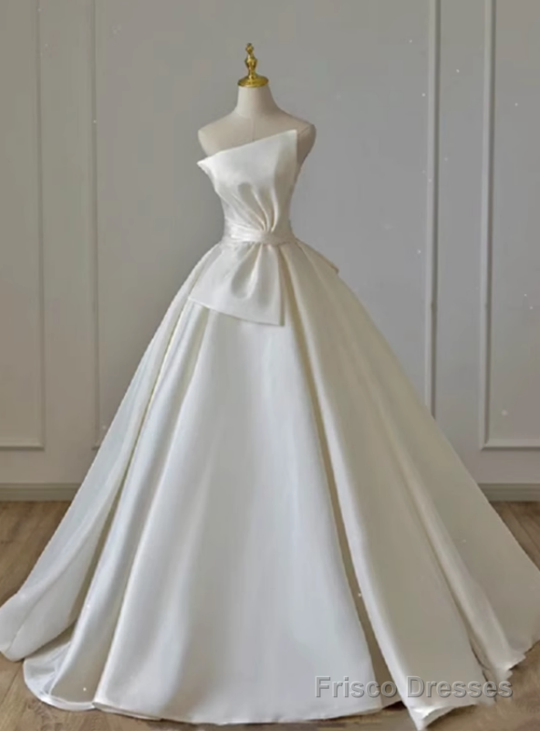 Ivory White Satin Strapless Pleats Wedding Dress Main image