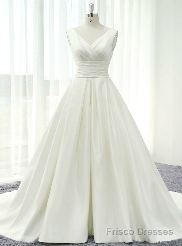 Ivory White Satin V-neck Backless Pleats Wedding Dress With Train Main image