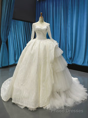 Ivory White Tulle Lace Bateau Long Sleeve Wedding Dress With Litter Train