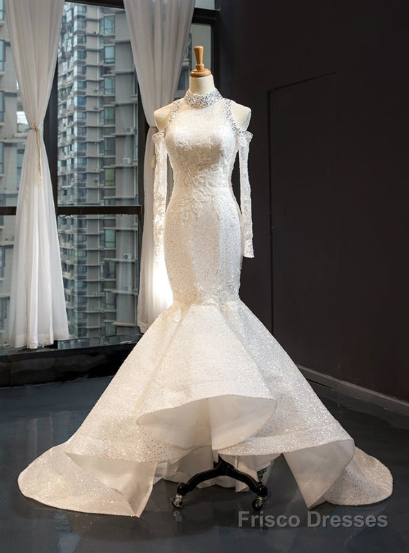 Ivory White Tulle Sequins Mermaid Long Sleeve Backless High Neck Wedding Dress Main image