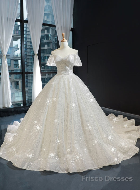 Ivory White Tulle Sequins Off the Shoulder Appliques Luxury Wedding Dress With Train Main image