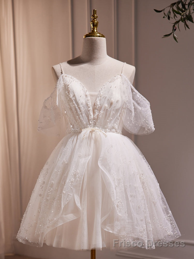 Ivory White Tulle Spaghetti Straps Pearls Homecoming Dress Main image