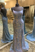 Blue Double Straps Lace-Up Sequins Long Prom Dress with Slit