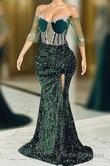 Jewel Mermaid Lace Applique Sequined Floor-length Half Sleeves High Split Formal Prom Dresses