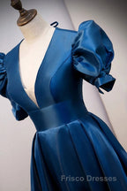 Blue V Neck Satin Short Sleeves Long Formal Prom Dress Blue Satin Evening Dress