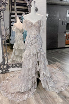 Sheath Off the Shoulder Long Lace Prom Dress (Lace-up Back)