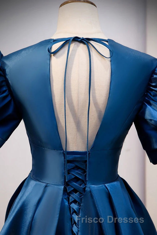 Blue V Neck Satin Short Sleeves Long Formal Prom Dress Blue Satin Evening Dress