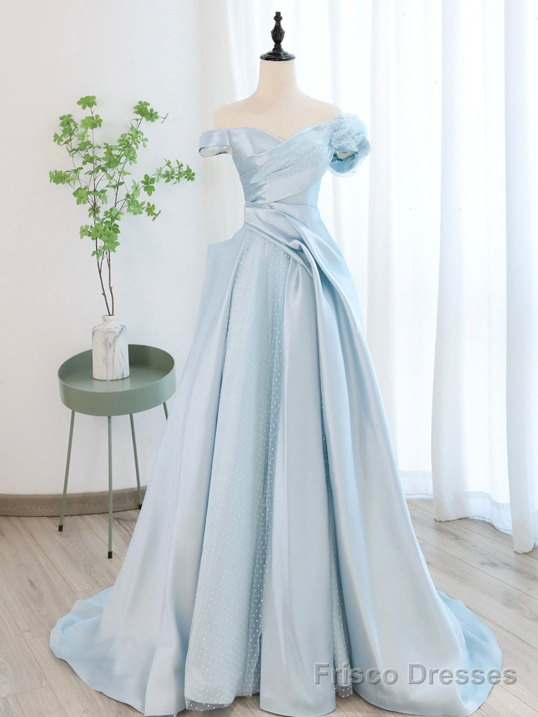 Blue Satin Tulle Long Prom Dress, Off Shoulder Formal Evening Dress Main image