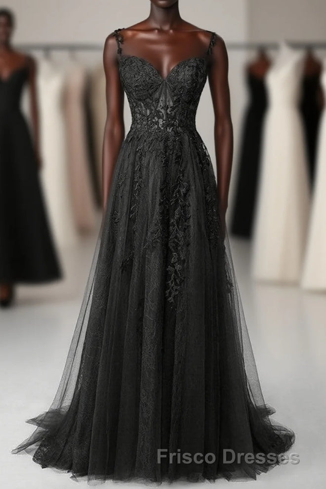 Black Sweetheart Tulle With Lace Long A-Line Formal Prom Dress, Black Formal Prom Dress Main image