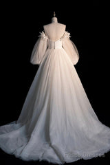 Champagne Tulle Long Sleeve Prom Dress, Off the Shoulder Evening Dress