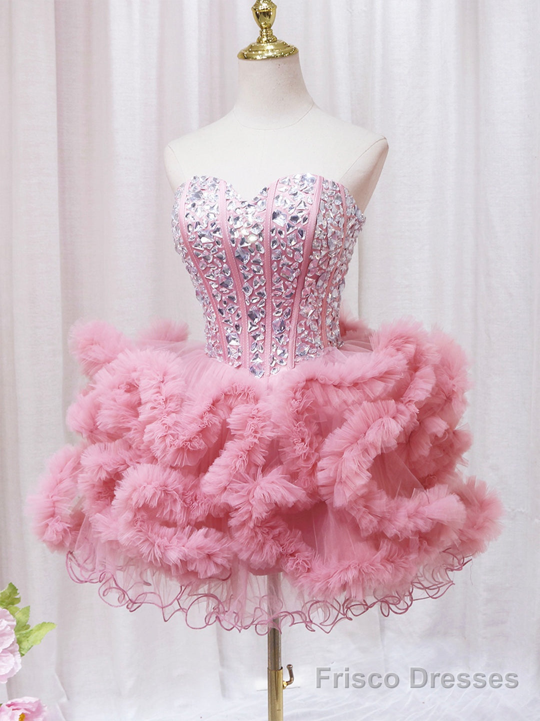 Pink Sweetheart Neckline Tulle Short Prom Dress with Rhinestones, Cute Party Dress Main image