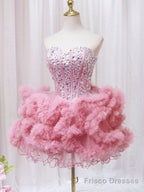 Pink Sweetheart Neckline Tulle Short Prom Dress with Rhinestones, Cute Party Dress