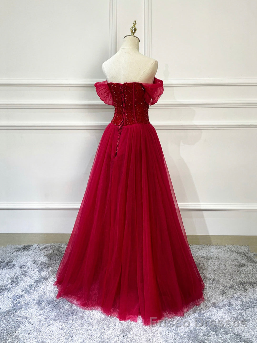 Burgundy Tulle Beaded Long Formal Dress, Off Shoulder Evening Party Dress Main image