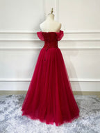 Burgundy Tulle Beaded Long Formal Dress, Off Shoulder Evening Party Dress