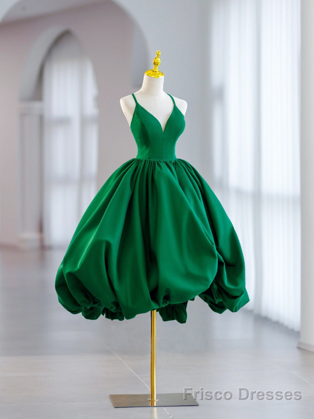 Green V-Neck Satin Short Prom Dress, A-Line Green Evening Dress Main image