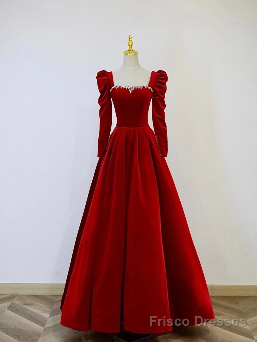 A-Line Long Sleeve Velvet Floor Length Prom Dress, Burgundy Formal Evening Dress