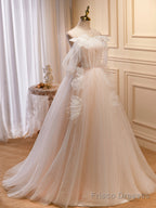 Champagne Tulle Long Prom Dress, A-Line Evening Dress with Bow