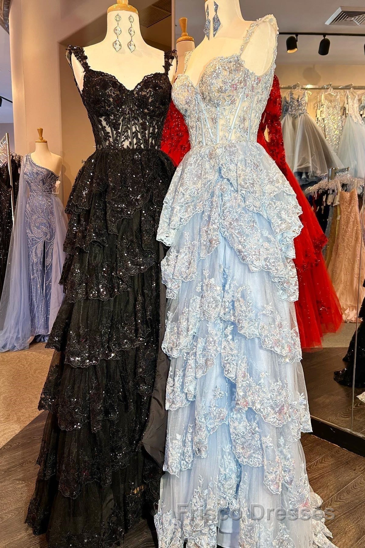Off the Shoulder Light Blue Appliques Tiered Formal Prom Gown