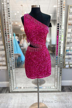 Fuchsia One Shoulder Sequins Lace-Up Sheath Homecoming Dress with Tassels