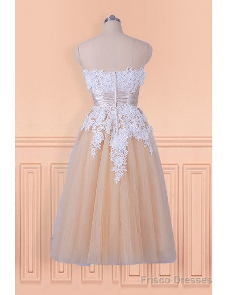 Lace Appliques Champagne Strapless Tea Length Wedding Dress Secondary image